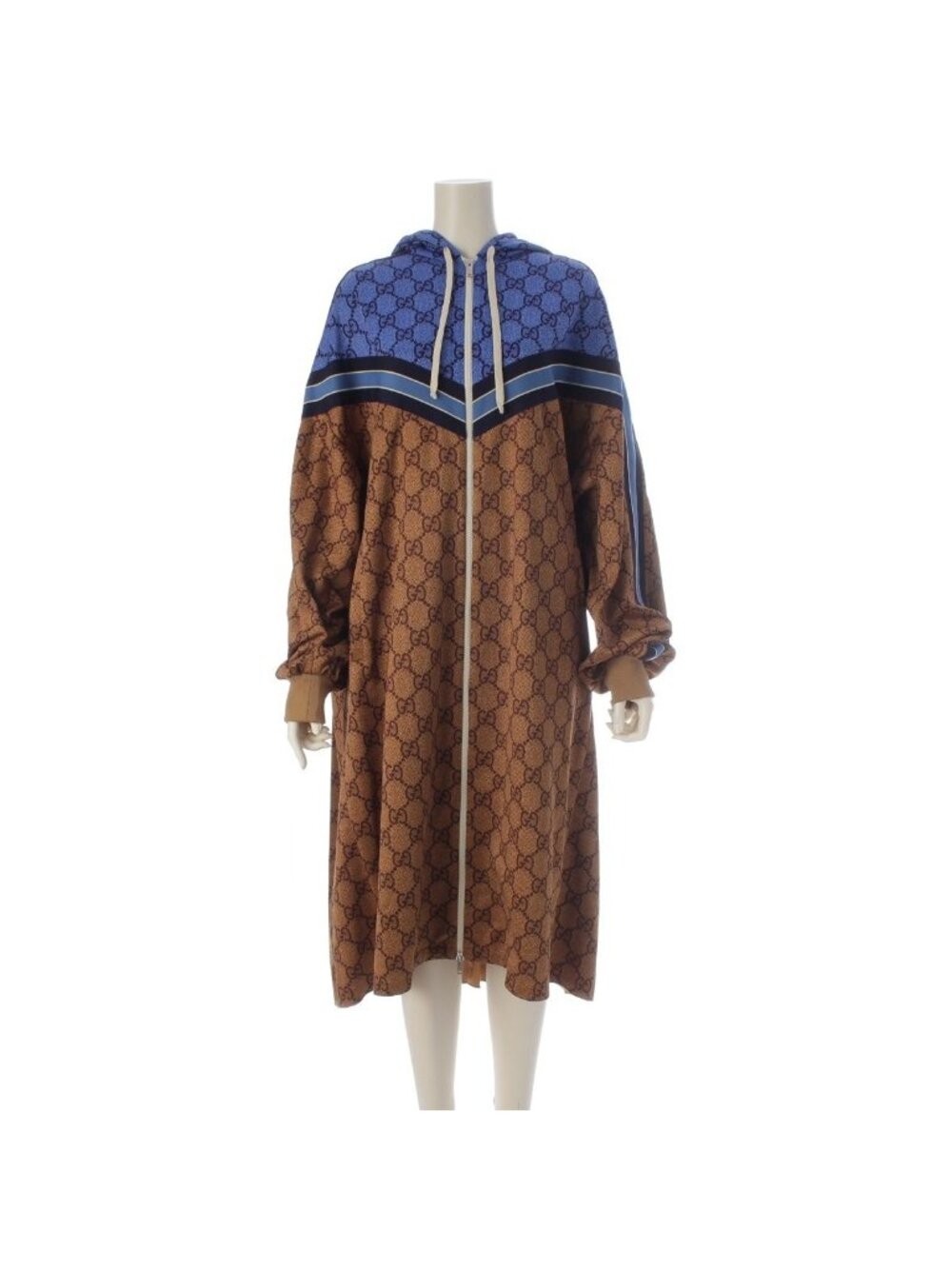 Gucci GG Technical Back Pleated Jersey Hoodie Footed Coat Brown Blue